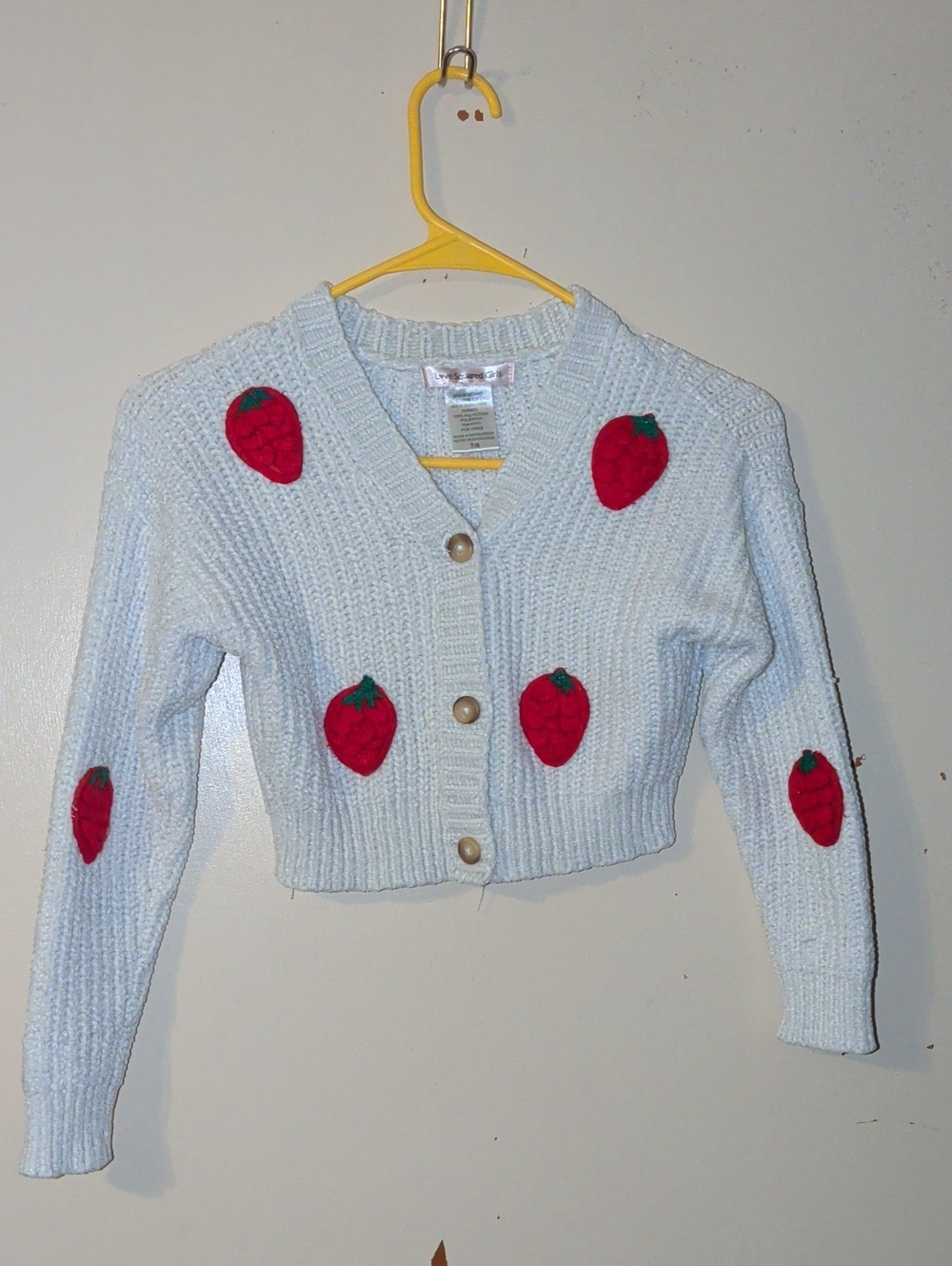 Love Squared White Cropped Cardigan with Red Strawberry Appliqués